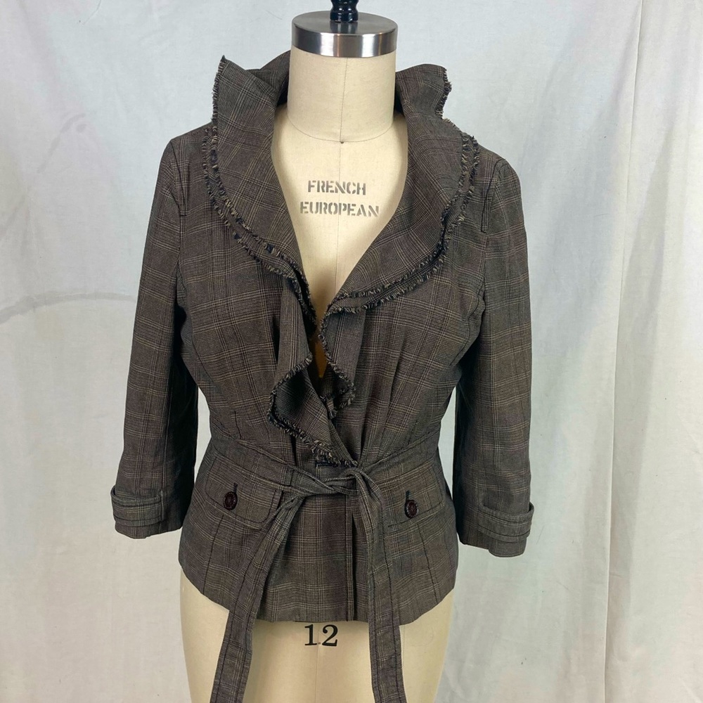 Loft short plaid ruffle trench jacket with belt